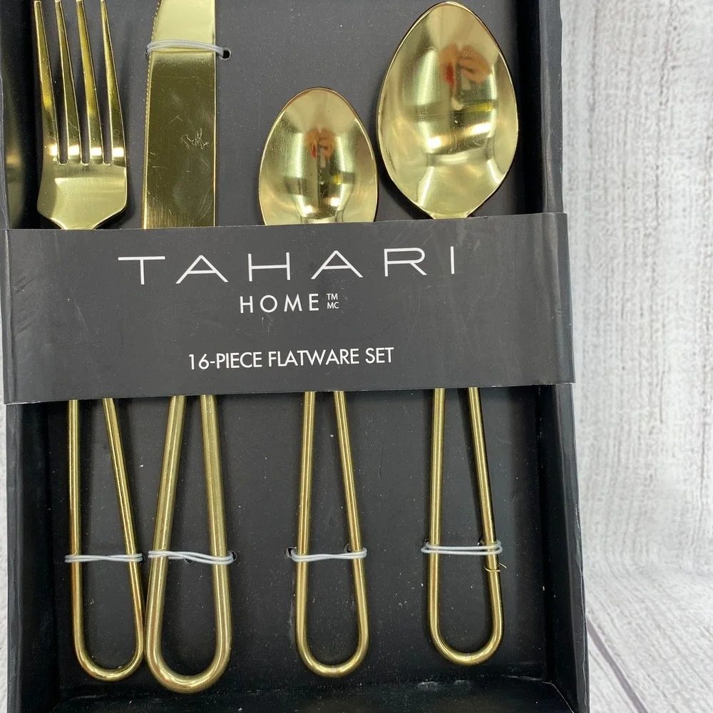 Tahari Home Flatware Set Service for 4 Gold Modern Open Loop Handle 16-Piece
